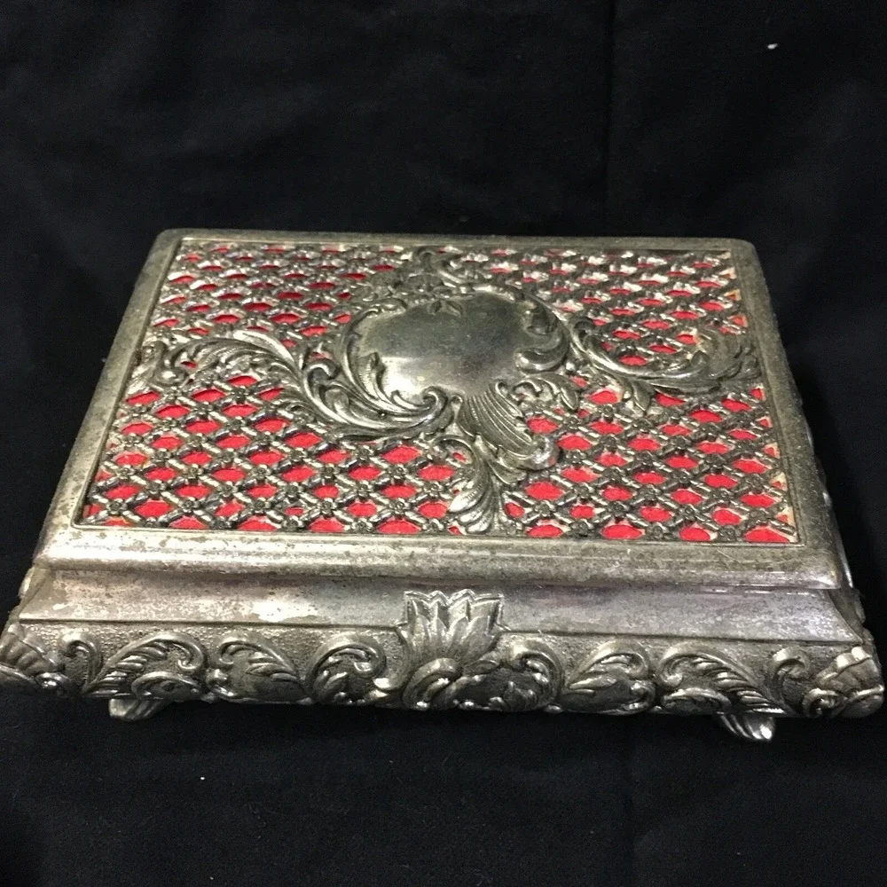 VTG Footed Metal Jewelry Trinket Box Silver Tone Filigree Red Velvet Lined Japan